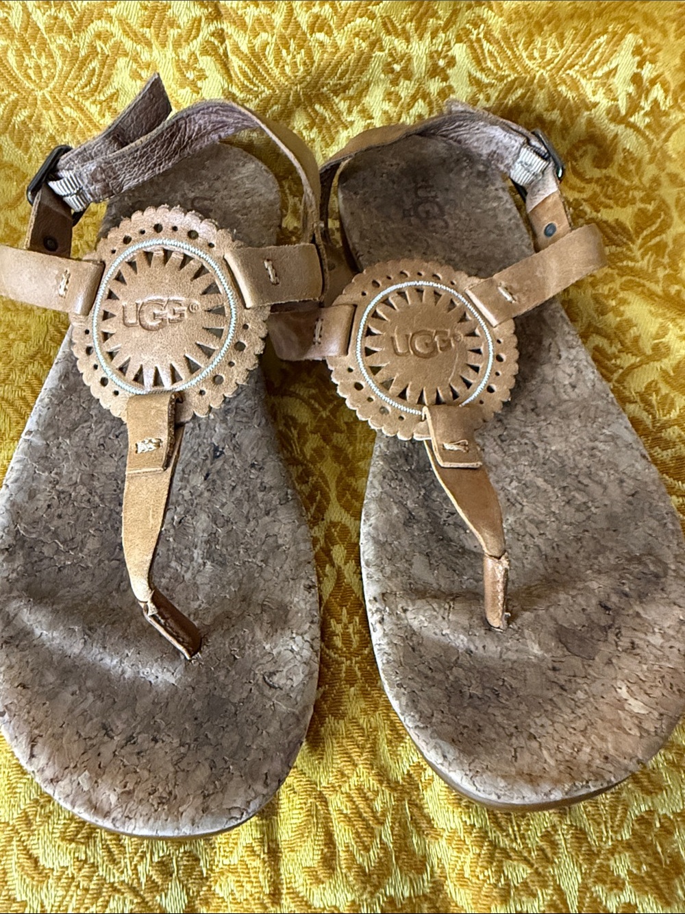 UGG Brown Leather Logo Cork Footbed Thong Sandals